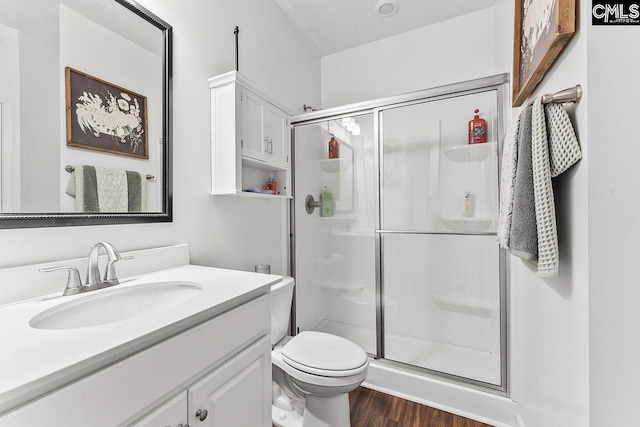 823 Queenshire Ln, Elgin, SC 29045 - bathroom featuring a shower stall, vanity, and wood finished floors