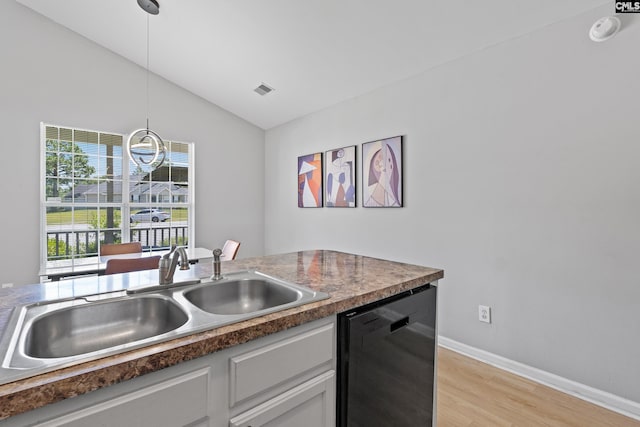 3 Fonthill Ct, Columbia, SC 29229 - kitchen with dishwasher, light wood-style floors, vaulted ceiling, decorative light fixtures, and dark countertops