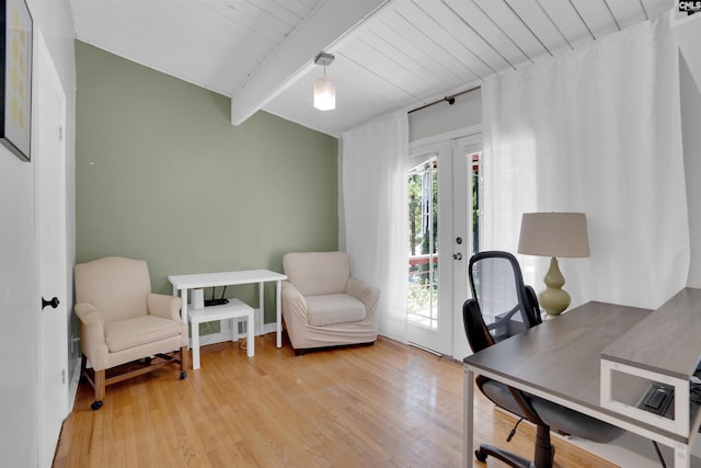 711 Sunset Dr, Columbia, SC 29203 - office with french doors, wood finished floors, and a wooden ceiling with exposed beams
