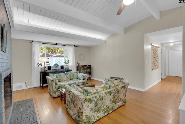 711 Sunset Dr, Columbia, SC 29203 - living area featuring light wood-style floors, a brick fireplace, beamed ceiling, and ceiling fan