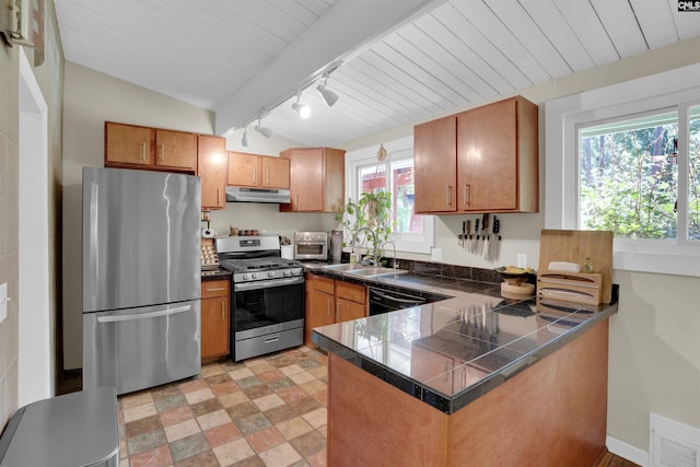 711 Sunset Dr, Columbia, SC 29203 - kitchen with appliances with stainless steel finishes, under cabinet range hood, a peninsula, brown cabinets, and tile countertops