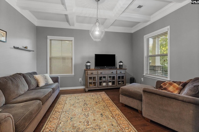 6 Genessee Ct, Irmo, SC 29063 - living room featuring dark wood-type flooring, coffered ceiling, beam ceiling, and ornamental molding