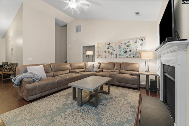 6 Genessee Ct, Irmo, SC 29063 - living area featuring a ceiling fan, vaulted ceiling, wood finished floors, and a fireplace