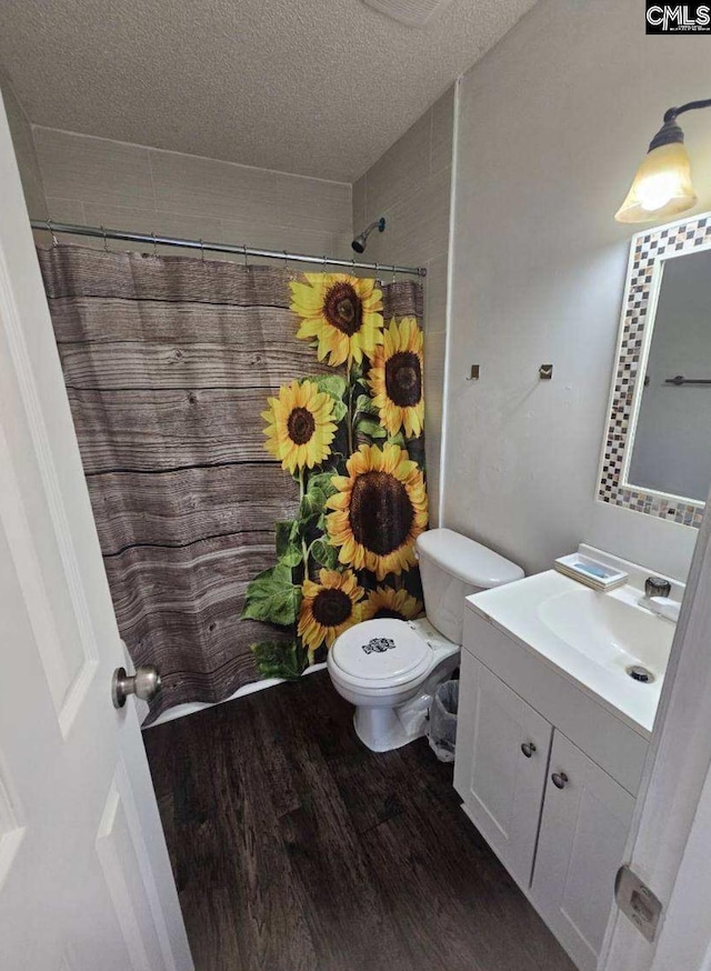 11 Long Glen Ct, Columbia, SC 29229 - bathroom with vanity, a textured ceiling, wood finished floors, and a shower with shower curtain
