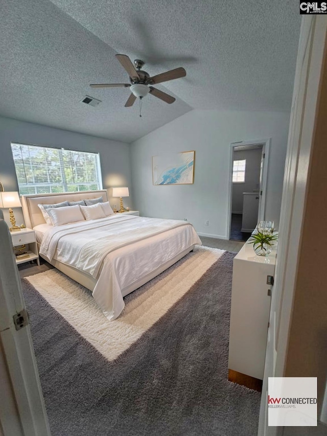 11 Long Glen Ct, Columbia, SC 29229 - bedroom featuring carpet flooring, multiple windows, a textured ceiling, vaulted ceiling, and ceiling fan