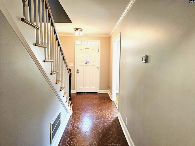 904 Sunnyhill Dr, Camden, SC 29020 - doorway to outside with ornamental molding, stairs, and dark flooring
