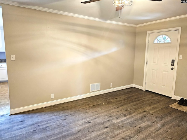904 Sunnyhill Dr, Camden, SC 29020 - foyer entrance featuring a ceiling fan, dark wood-style flooring, and crown molding