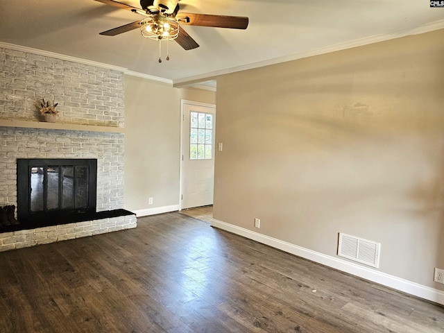 904 Sunnyhill Dr, Camden, SC 29020 - unfurnished living room featuring crown molding, a ceiling fan, wood finished floors, and a fireplace