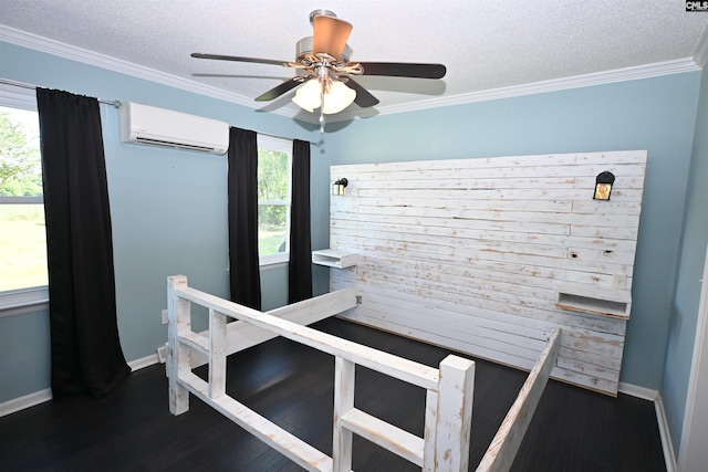 214 Mac St, Leesville, SC 29070 - unfurnished bedroom with an AC wall unit, dark wood-style flooring, crown molding, a textured ceiling, and a ceiling fan