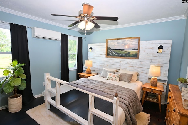 214 Mac St, Leesville, SC 29070 - bedroom featuring a wall unit AC, wood finished floors, crown molding, and ceiling fan