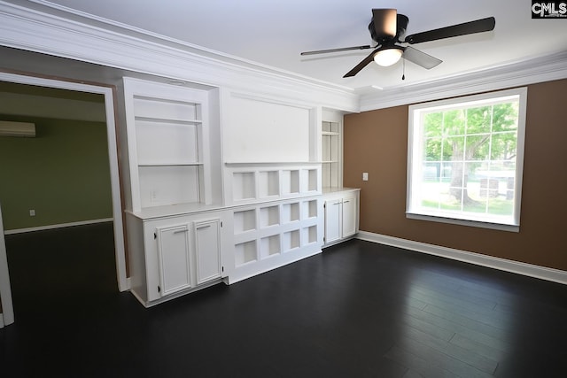 214 Mac St, Leesville, SC 29070 - empty room with crown molding, a ceiling fan, built in features, dark wood-style floors, and a wall mounted air conditioner