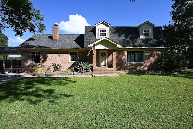 214 Mac St, Leesville, SC 29070 - new england style home with a front yard, a chimney, roof with shingles, and stone siding