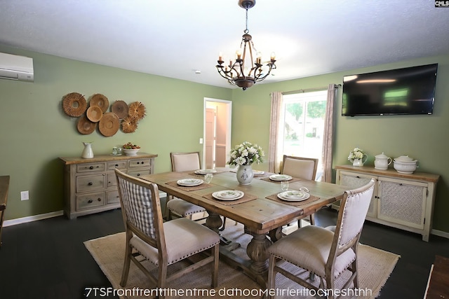 214 Mac St, Leesville, SC 29070 - dining space with a chandelier, a wall unit AC, and dark wood-type flooring