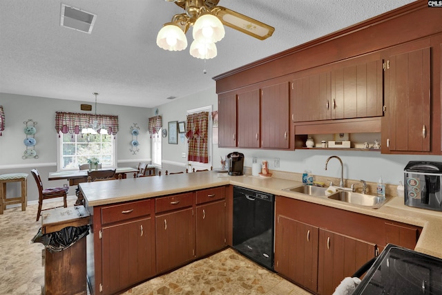 122 Partridge Hill Dr, West Columbia, SC 29172 - kitchen featuring dishwasher, a peninsula, light countertops, open shelves, and a textured ceiling