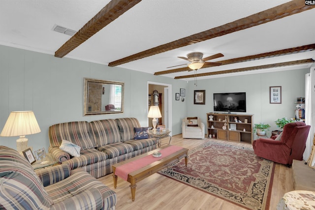 122 Partridge Hill Dr, West Columbia, SC 29172 - living area featuring light wood-style flooring, beam ceiling, ornamental molding, and a ceiling fan