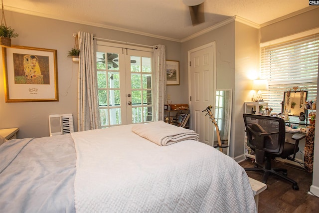 616 Mcrae Rd, Camden, SC 29020 - bedroom featuring french doors, dark wood-style flooring, ornamental molding, and an office area