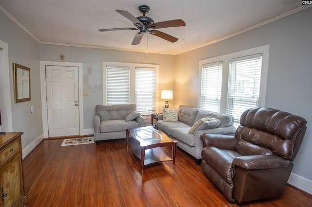 616 Mcrae Rd, Camden, SC 29020 - living area with dark wood-style floors, ornamental molding, ceiling fan, and a textured ceiling