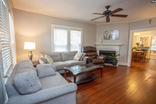 616 Mcrae Rd, Camden, SC 29020 - living area featuring ceiling fan, a fireplace, a textured ceiling, crown molding, and wood-type flooring