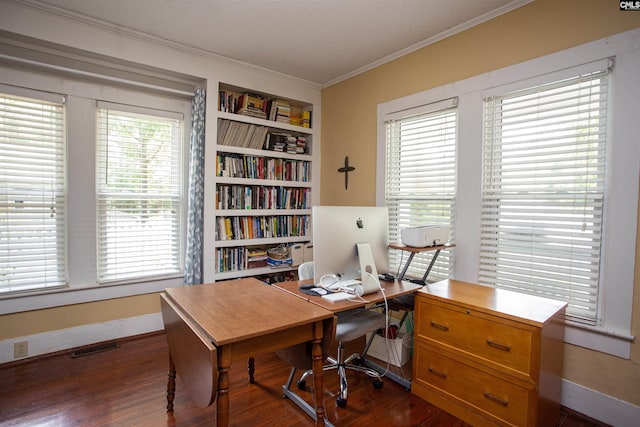 616 Mcrae Rd, Camden, SC 29020 - office with ornamental molding, dark wood-style flooring, and built in features