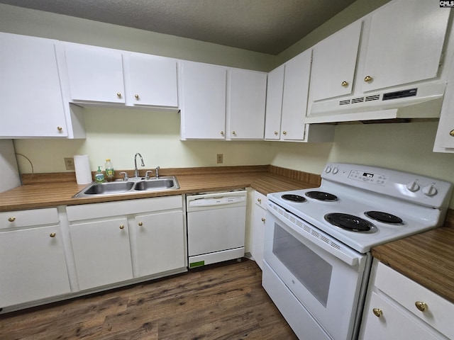 3630 Ranch Rd Unit 11-8, Columbia, SC 29260 - kitchen with white appliances, under cabinet range hood, white cabinetry, and dark wood finished floors
