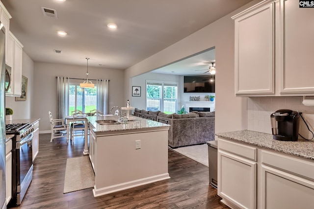 142 Summer Orchard Dr, Lexington, SC 29072 - kitchen featuring gas range, a ceiling fan, healthy amount of natural light, a fireplace, and recessed lighting