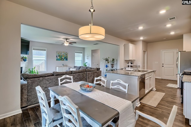 142 Summer Orchard Dr, Lexington, SC 29072 - dining space featuring a ceiling fan, dark wood-style flooring, and recessed lighting