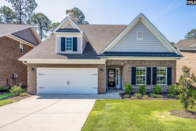 186 Backspin Dr, Elgin, SC 29045 - view of front of home featuring brick siding, a front lawn, a shingled roof, driveway, and an attached garage