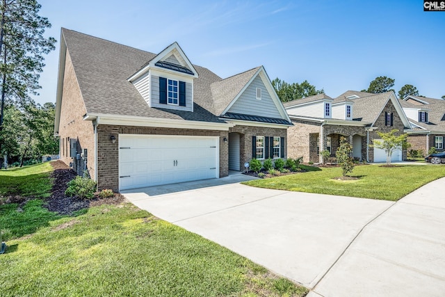 186 Backspin Dr, Elgin, SC 29045 - traditional home featuring driveway, a front yard, brick siding, a shingled roof, and a garage