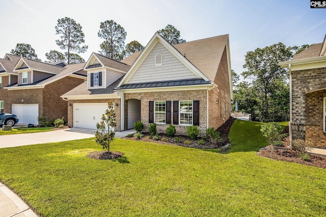 186 Backspin Dr, Elgin, SC 29045 - view of front facade with concrete driveway, brick siding, a front yard, roof with shingles, and a standing seam roof