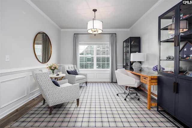 186 Backspin Dr, Elgin, SC 29045 - office area with crown molding, wainscoting, wood finished floors, and a decorative wall