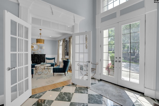 226 Forty Love Pt, Chapin, SC 29036 - doorway with french doors, healthy amount of natural light, crown molding, and a high ceiling