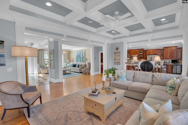 226 Forty Love Pt, Chapin, SC 29036 - living room with light wood-type flooring, ceiling fan, ornamental molding, beam ceiling, and recessed lighting