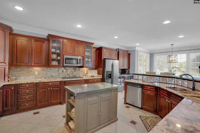 226 Forty Love Pt, Chapin, SC 29036 - kitchen with appliances with stainless steel finishes, crown molding, decorative backsplash, light tile patterned floors, and recessed lighting
