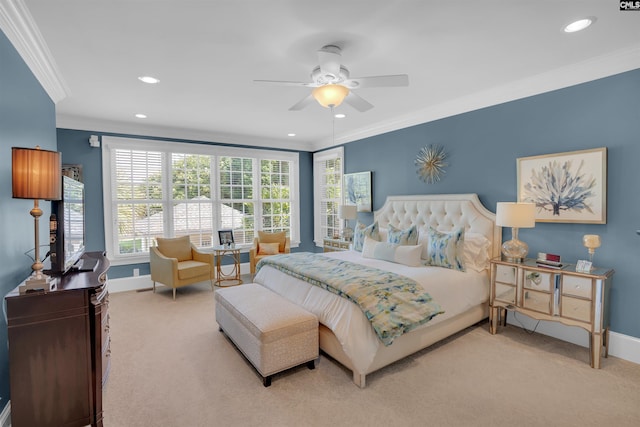 226 Forty Love Pt, Chapin, SC 29036 - carpeted bedroom with crown molding, recessed lighting, and a ceiling fan