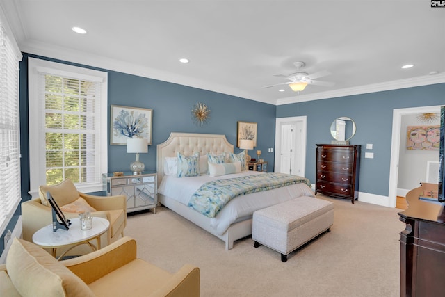226 Forty Love Pt, Chapin, SC 29036 - bedroom featuring recessed lighting, ornamental molding, light colored carpet, a ceiling fan, and a closet