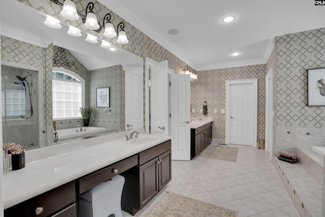 226 Forty Love Pt, Chapin, SC 29036 - bathroom featuring crown molding, wallpapered walls, two vanities, tile patterned floors, and a bath