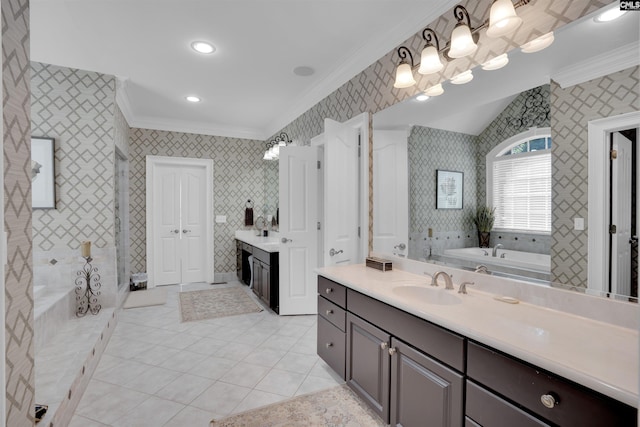 226 Forty Love Pt, Chapin, SC 29036 - bathroom featuring crown molding, a bath, vanity, wallpapered walls, and tile patterned flooring