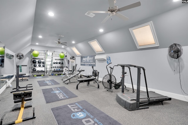 226 Forty Love Pt, Chapin, SC 29036 - exercise room with ceiling fan, a wall mounted air conditioner, lofted ceiling, and recessed lighting