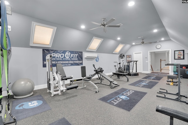 226 Forty Love Pt, Chapin, SC 29036 - gym with ceiling fan, lofted ceiling, an AC wall unit, and recessed lighting