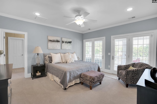 226 Forty Love Pt, Chapin, SC 29036 - bedroom featuring access to exterior, light carpet, ornamental molding, ceiling fan, and recessed lighting