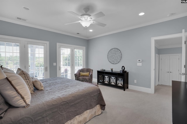 226 Forty Love Pt, Chapin, SC 29036 - bedroom with access to outside, light colored carpet, recessed lighting, crown molding, and ceiling fan