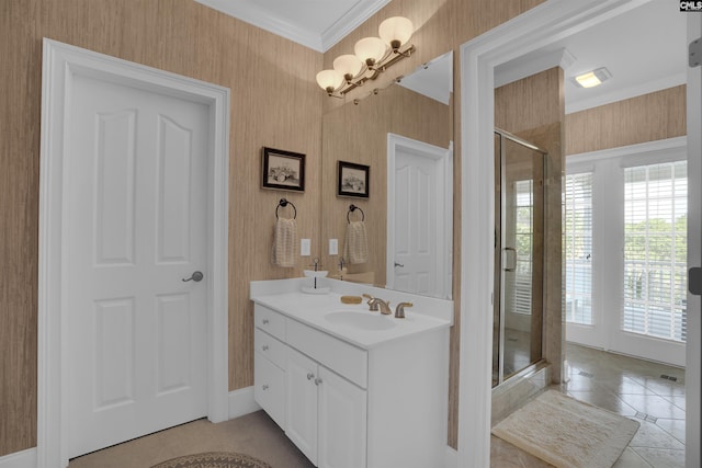 226 Forty Love Pt, Chapin, SC 29036 - full bath with vanity, a stall shower, ornamental molding, tile patterned floors, and a chandelier