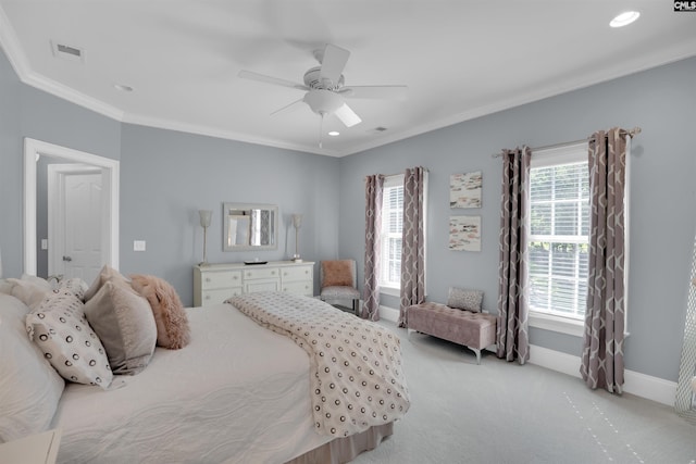 226 Forty Love Pt, Chapin, SC 29036 - bedroom with light colored carpet, multiple windows, ornamental molding, ceiling fan, and recessed lighting