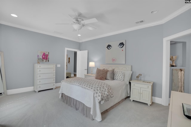 226 Forty Love Pt, Chapin, SC 29036 - bedroom with light carpet, crown molding, recessed lighting, and a ceiling fan