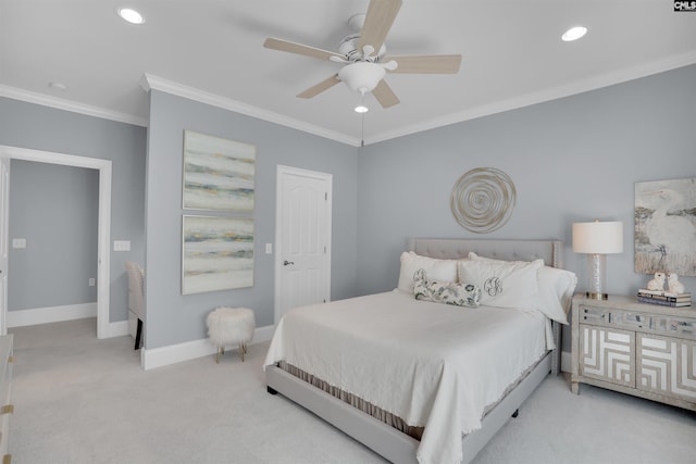226 Forty Love Pt, Chapin, SC 29036 - bedroom featuring carpet, ornamental molding, recessed lighting, and ceiling fan
