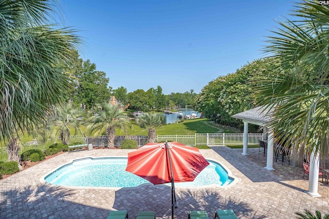 226 Forty Love Pt, Chapin, SC 29036 - view of swimming pool featuring a fenced backyard, a water view, a patio, and a gazebo