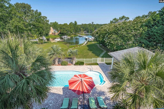226 Forty Love Pt, Chapin, SC 29036 - view of swimming pool with a water view and a patio