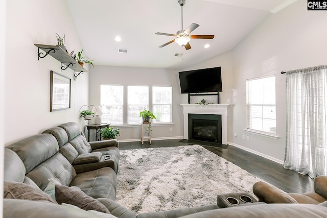122 Azur Ave, Chapin, SC 29036 - living area featuring a ceiling fan, a fireplace with flush hearth, dark wood-type flooring, high vaulted ceiling, and recessed lighting