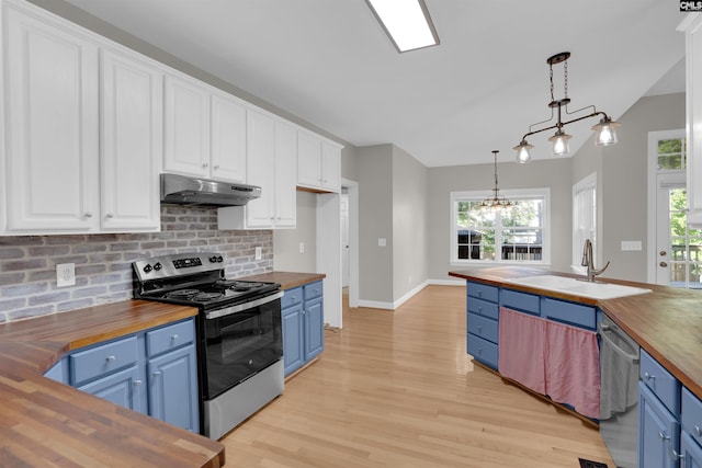 100 Ridge Top Rd, Lexington, SC 29072 - kitchen with wood counters, appliances with stainless steel finishes, blue cabinets, and under cabinet range hood