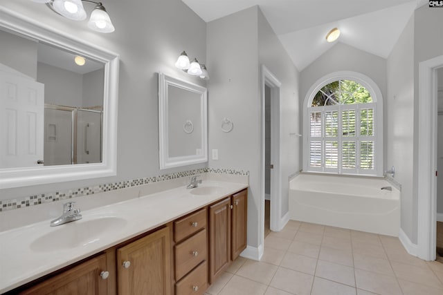 100 Ridge Top Rd, Lexington, SC 29072 - full bathroom with a garden tub, tile patterned flooring, double vanity, a shower stall, and vaulted ceiling